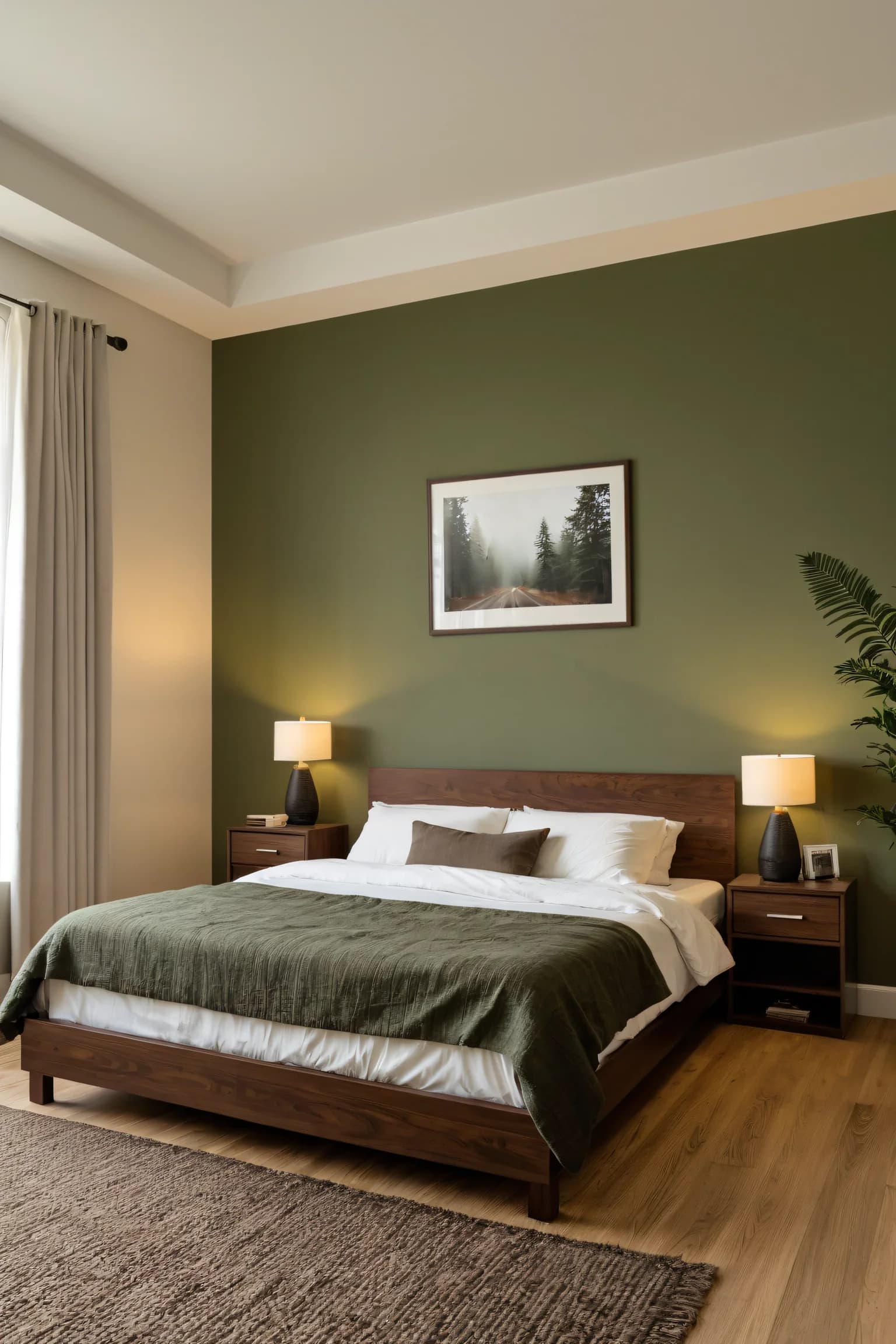 Recámara con la pared de la cabecera pintada de verde olivo, cama de madera oscura, burós con lámparas y un cuadro de bosque
