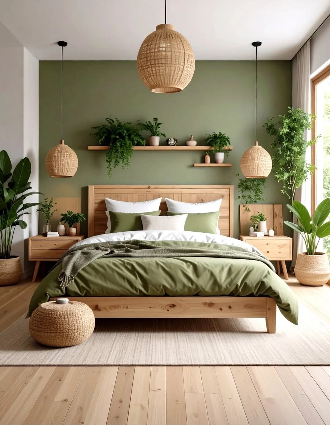 Recámara con pared verde, cama de madera clara con ropa de cama olivo, lámparas colgantes de ratán, repisa con plantas y puf tejido