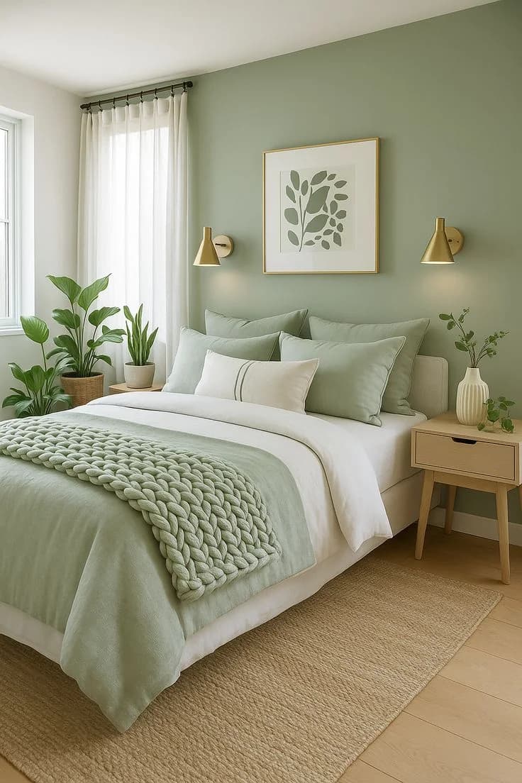 Recámara luminosa con pared verde claro, ropa de cama en verde salvia con manta tejida, apliques de latón y buró de madera clara
