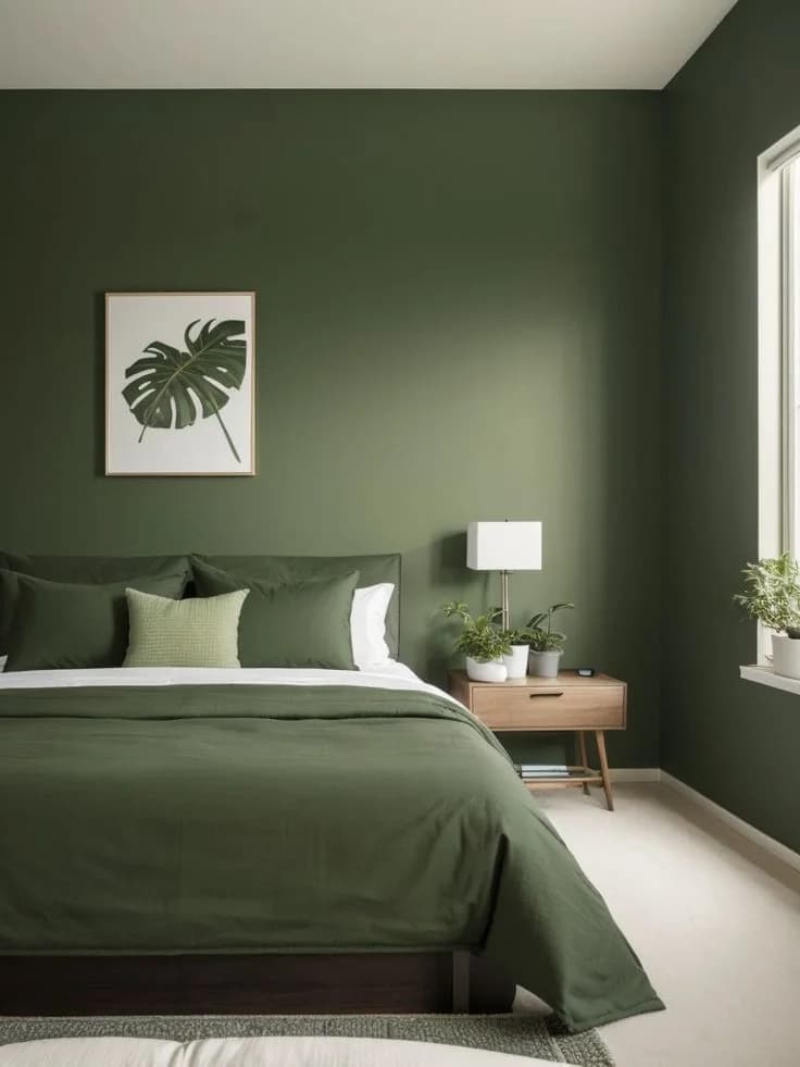 Recámara con paredes y ropa de cama en el mismo verde olivo, cuadro de hoja, buró de madera clara y lámpara blanca