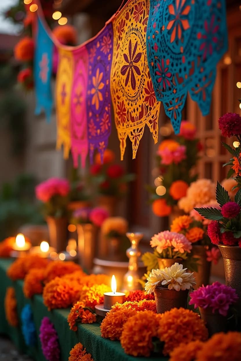 Papel picado de colores colgado sobre una mesa con flores de cempasúchil, flores rosas y velas encendidas