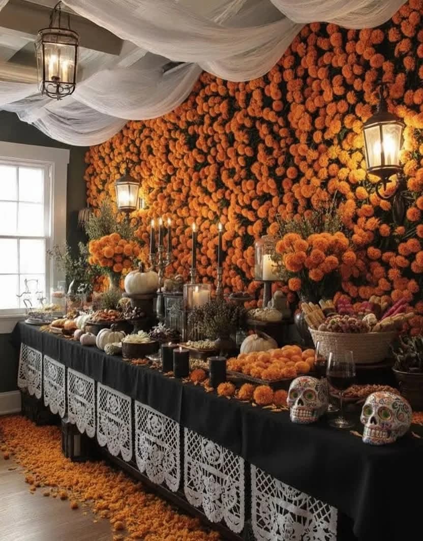Pared cubierta de flores de cempasúchil detrás de una mesa larga con mantel negro, papel picado blanco, calaveras y velas