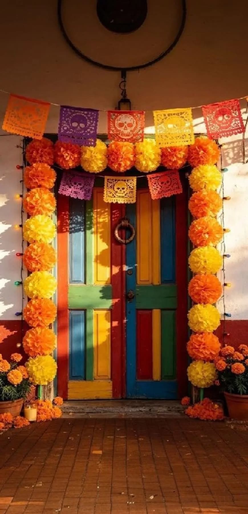 Puerta de madera de colores enmarcada con un arco de flores naranjas y amarillas y papel picado de calaveras arriba