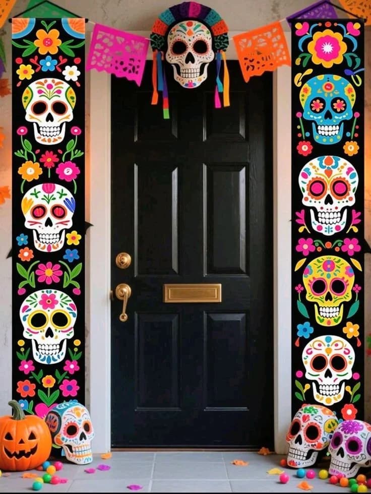 Puerta negra con dos estandartes largos de calaveras de colores, una calavera grande arriba y papel picado