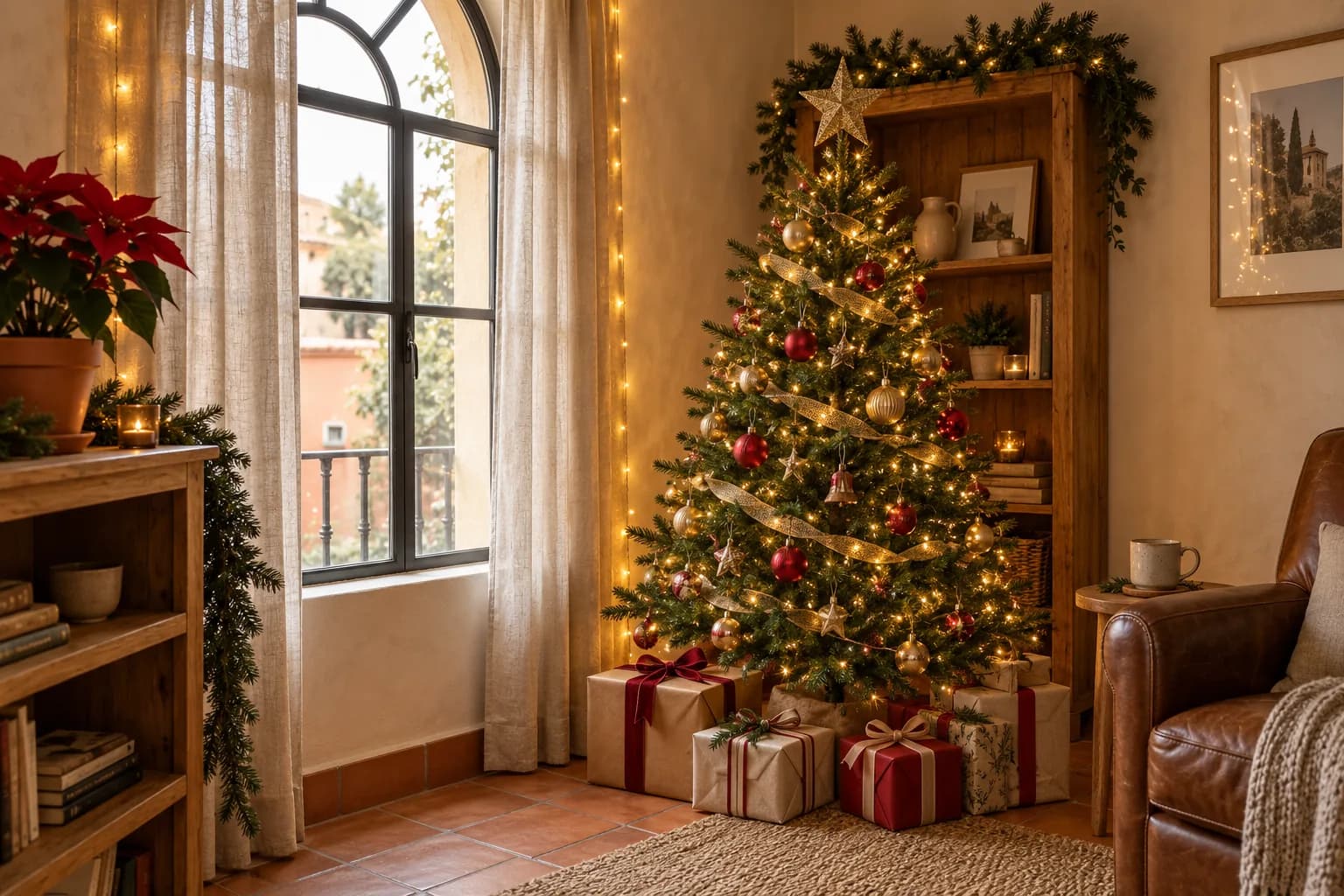 Árbol de Navidad pequeño en la esquina de una sala junto a la ventana