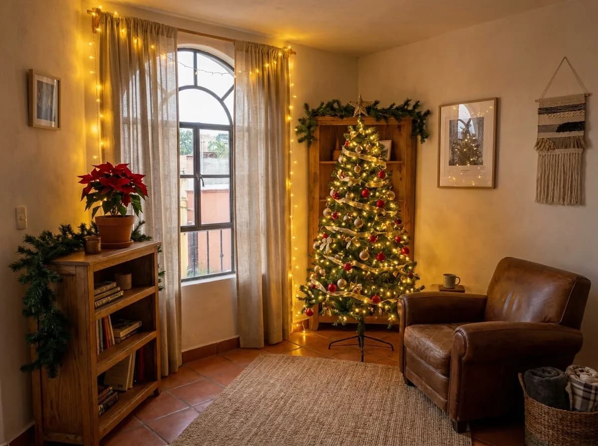 Departamento pequeño decorado para Navidad con un árbol pequeño, luces en la ventana y guirnalda