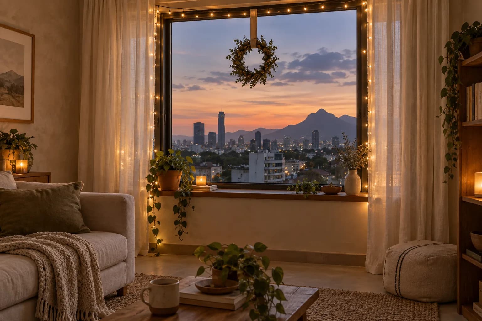 Ventana de departamento enmarcada con luces cálidas y una corona pequeña