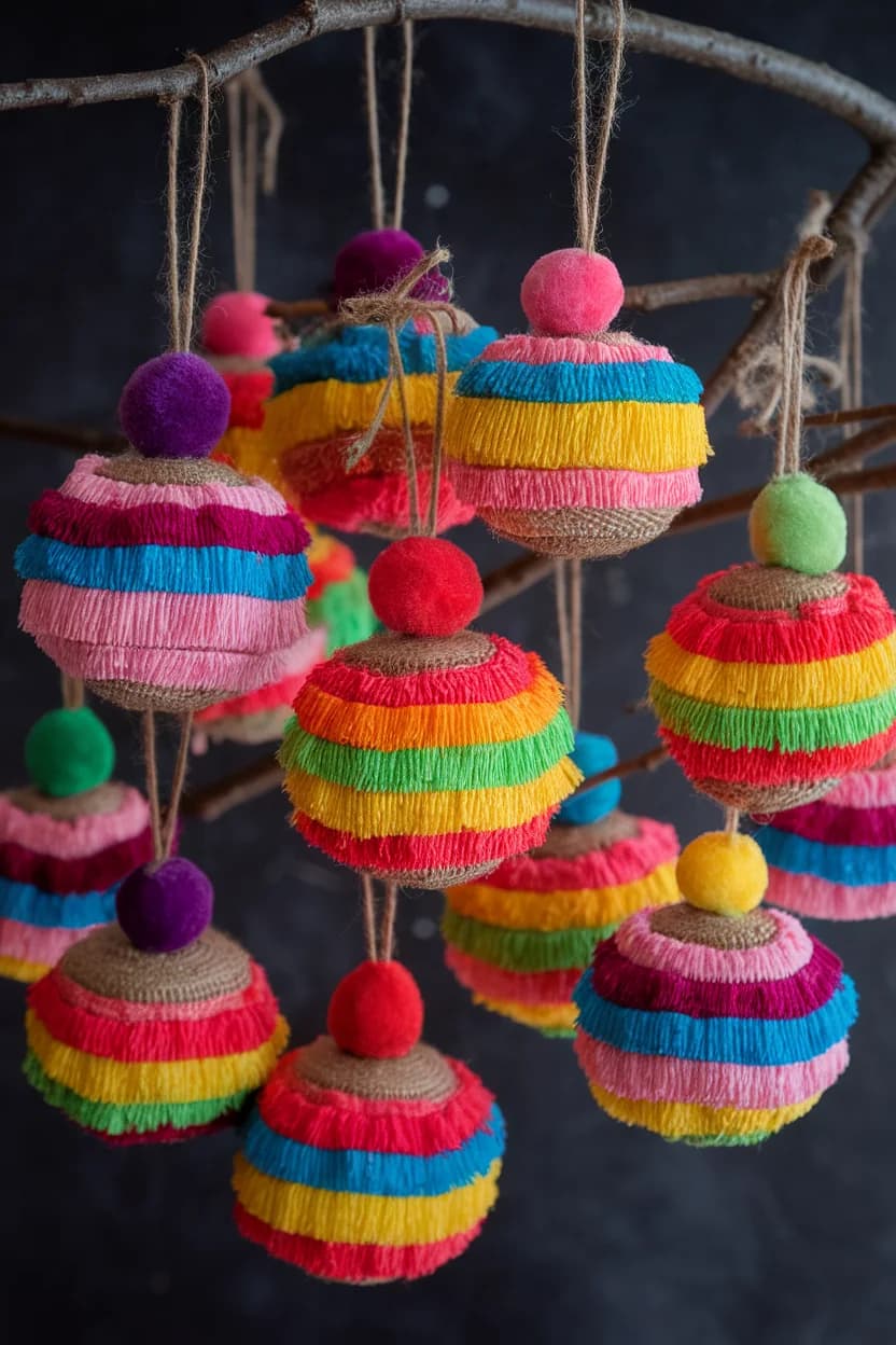 Esferas navideñas forradas de flecos de papel en franjas de colores con pompones arriba, colgando de una rama