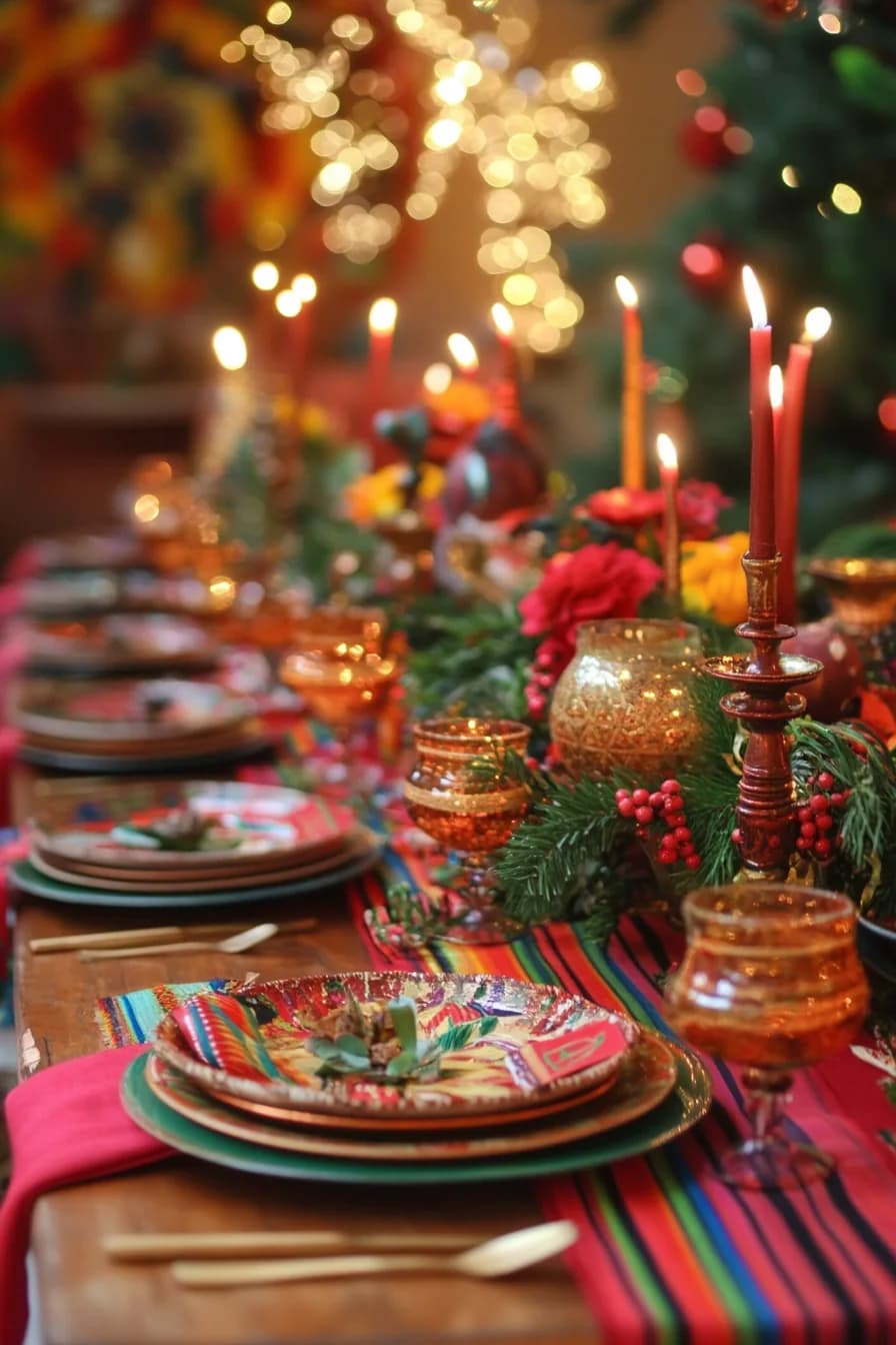 Mesa navideña larga con camino de sarape de rayas, platos de colores, vasos de vidrio soplado ámbar, velas rojas altas y nochebuenas