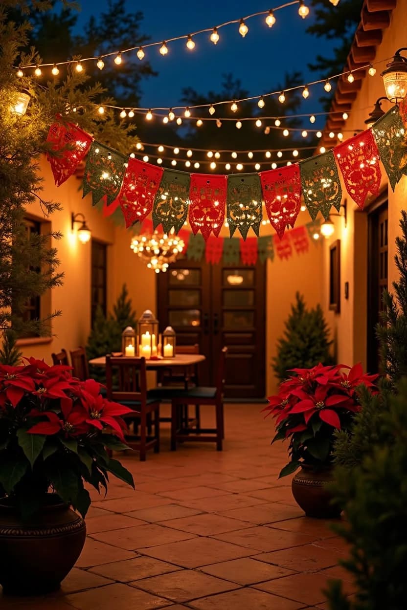 Patio de noche con tiras de papel picado rojo y verde, series de luces, nochebuenas en macetas grandes, una mesa con velas y faroles y piso de barro