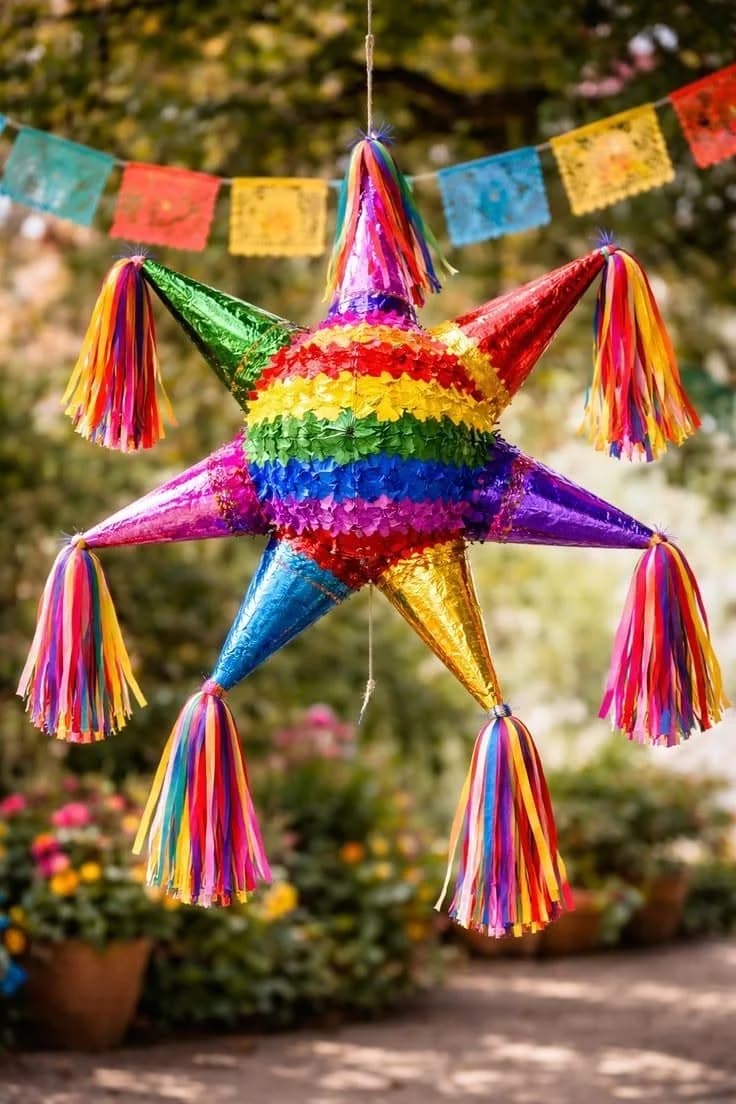 Piñata de estrella de colores con flecos de papel colgada en un jardín con macetas de flores y una tira de papel picado de colores al fondo