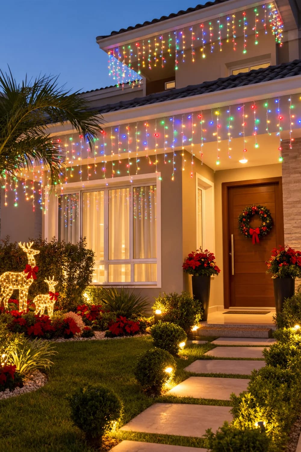 Fachada de una casa con cascadas de luces de colores en los bordes del techo, una puerta de madera con corona, macetas con nochebuenas y renos de luces en el jardín