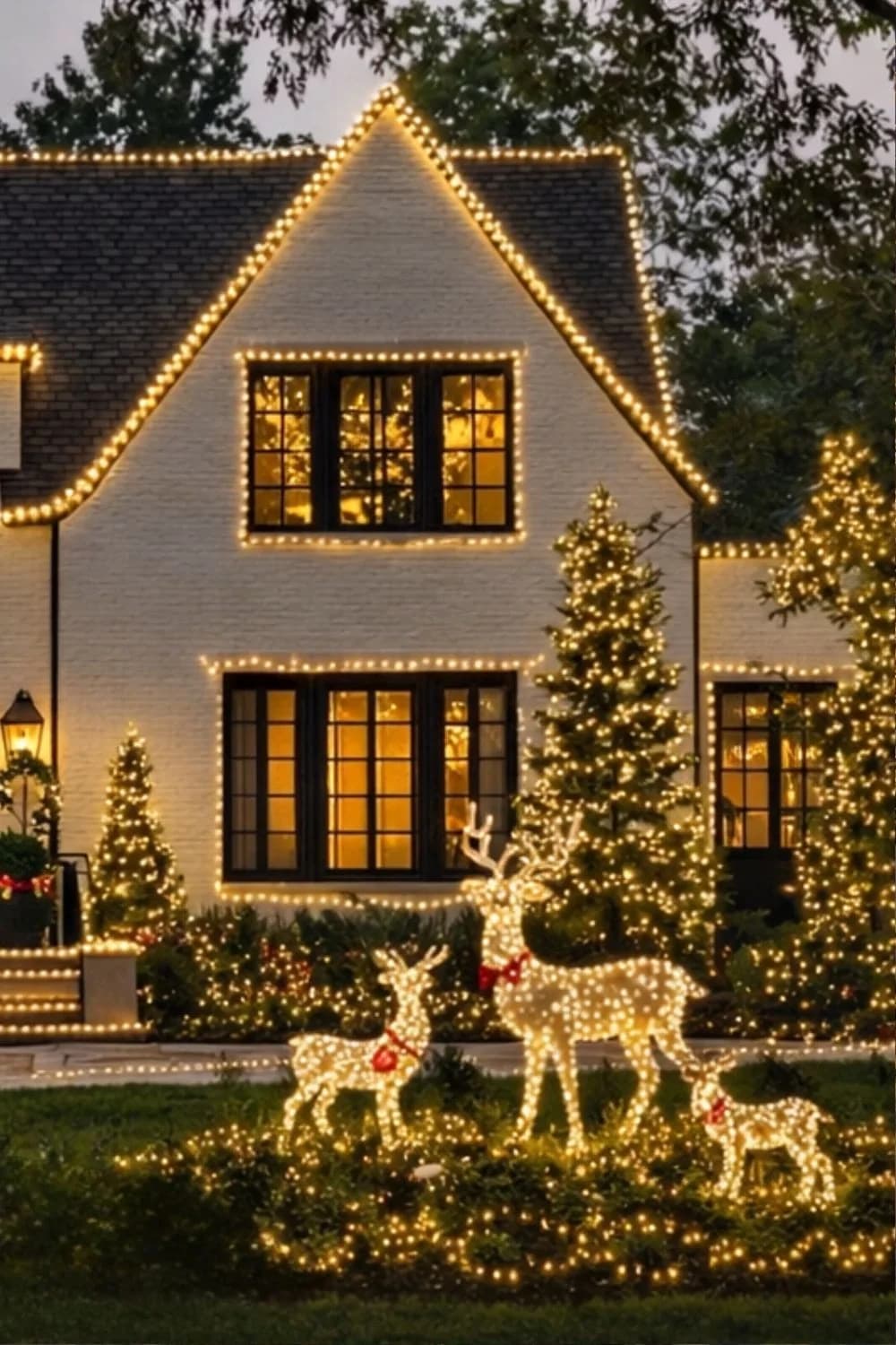 Casa de dos pisos al anochecer con series de luz cálida en el contorno del techo y de las ventanas, pinos iluminados y tres renos de luces en el jardín