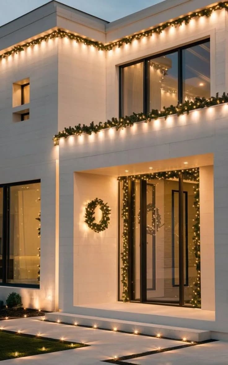 Fachada moderna blanca con una guirnalda delgada sobre el borde de la losa, follaje alrededor del marco de la puerta de cristal y una corona verde en el muro