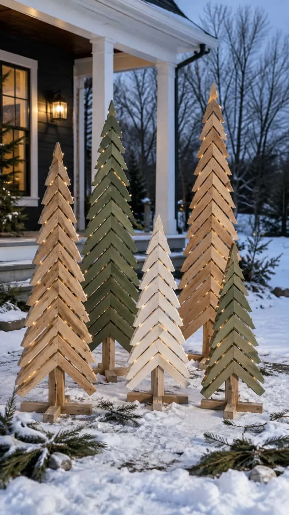 Grupo de cinco pinos decorativos hechos con tablas en forma de espiga, en madera natural, verde y blanco, frente al porche de una casa