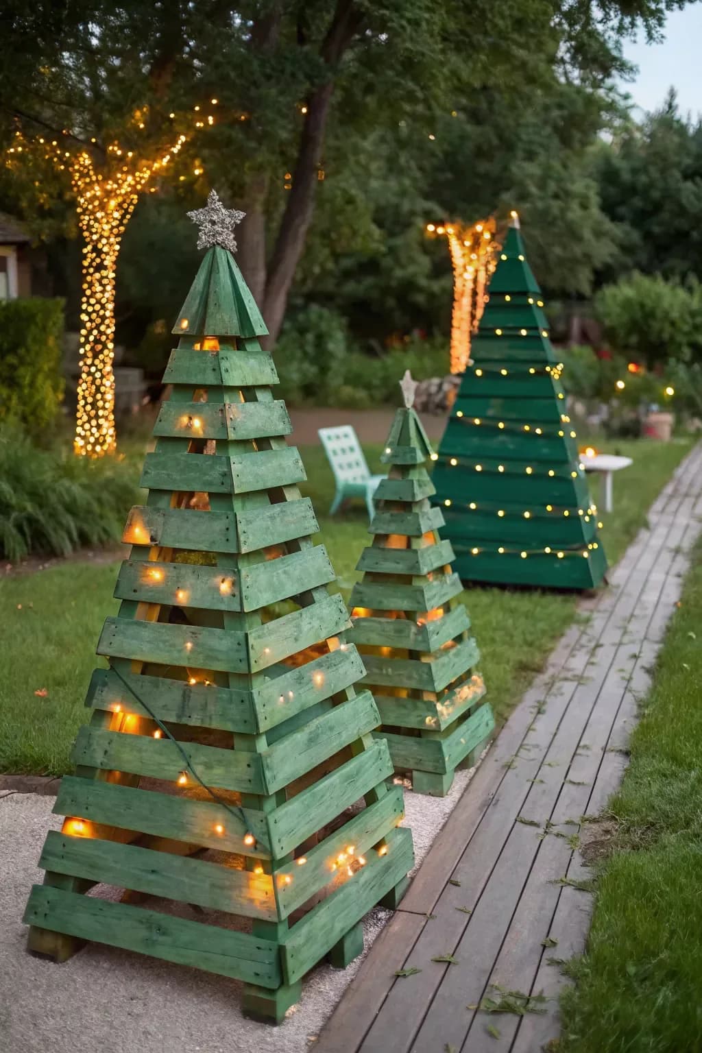 Tres pirámides de tablas pintadas de verde con luces cálidas por dentro, a lo largo de un andador de madera en un jardín con árboles iluminados