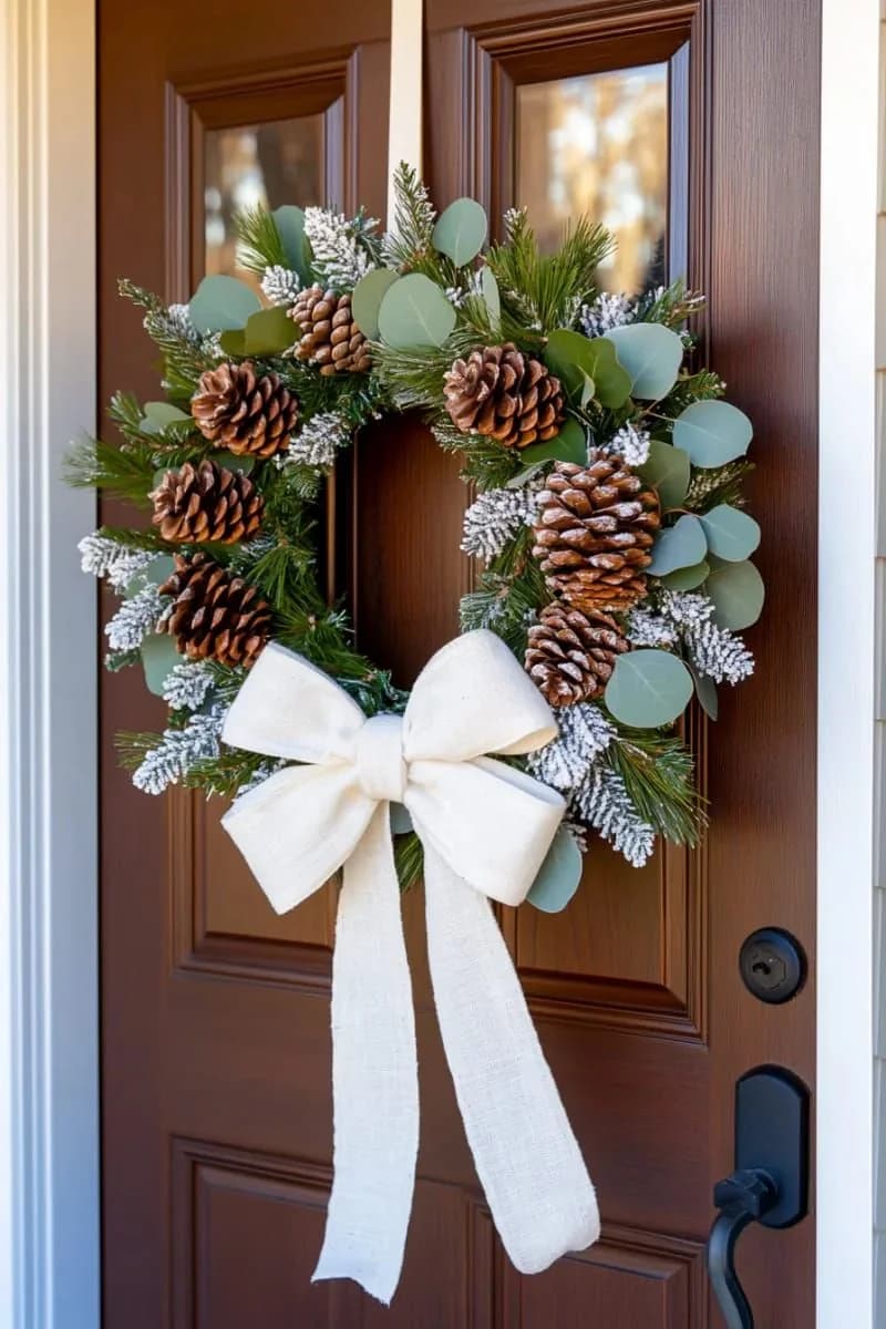Puerta de madera oscura con una corona de piñas, eucalipto y ramas escarchadas con un moño blanco largo
