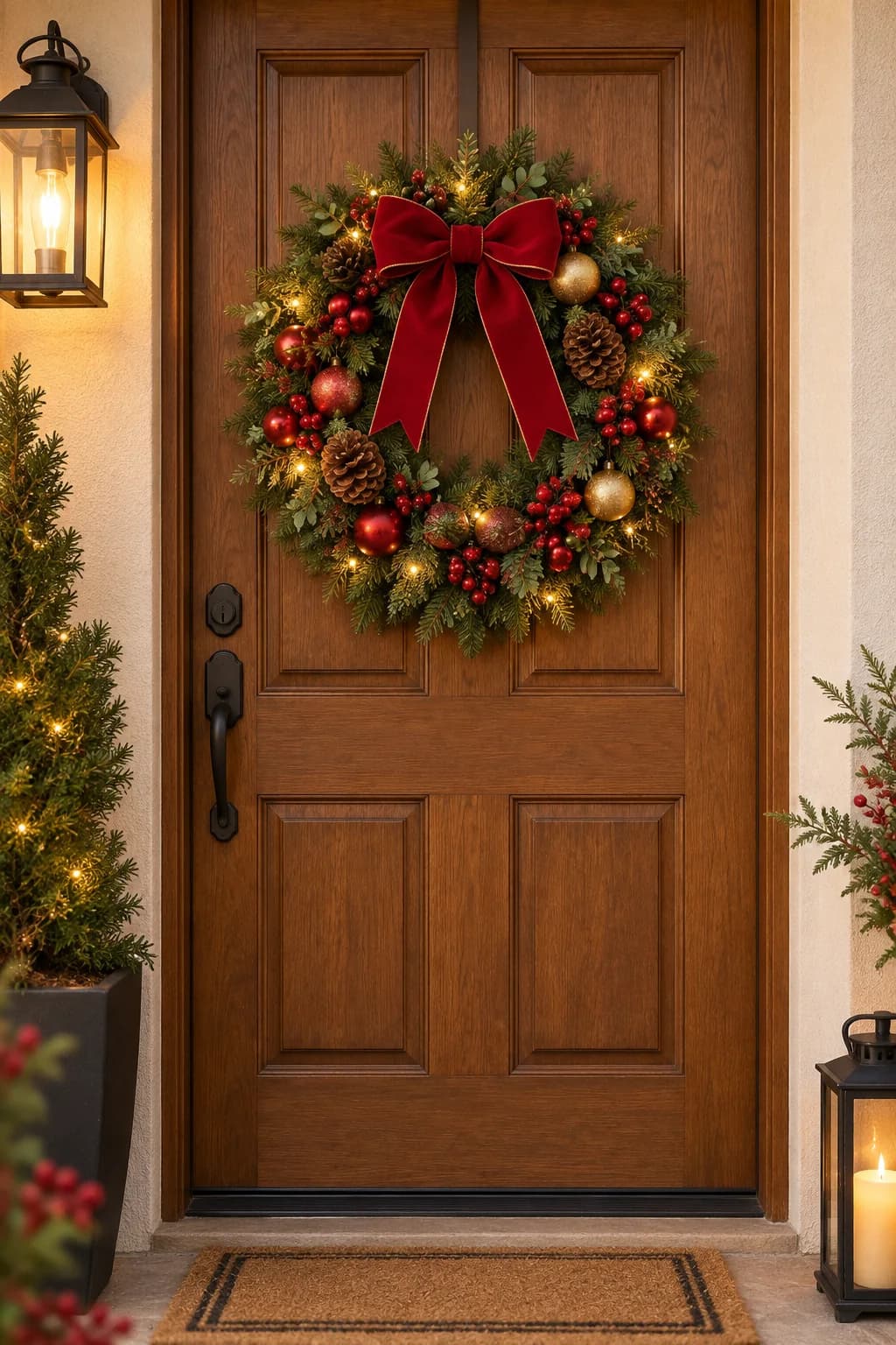Puerta de madera con una corona verde con frutos rojos, piñas, luces y un moño rojo de terciopelo, entre un farol y un pino pequeño