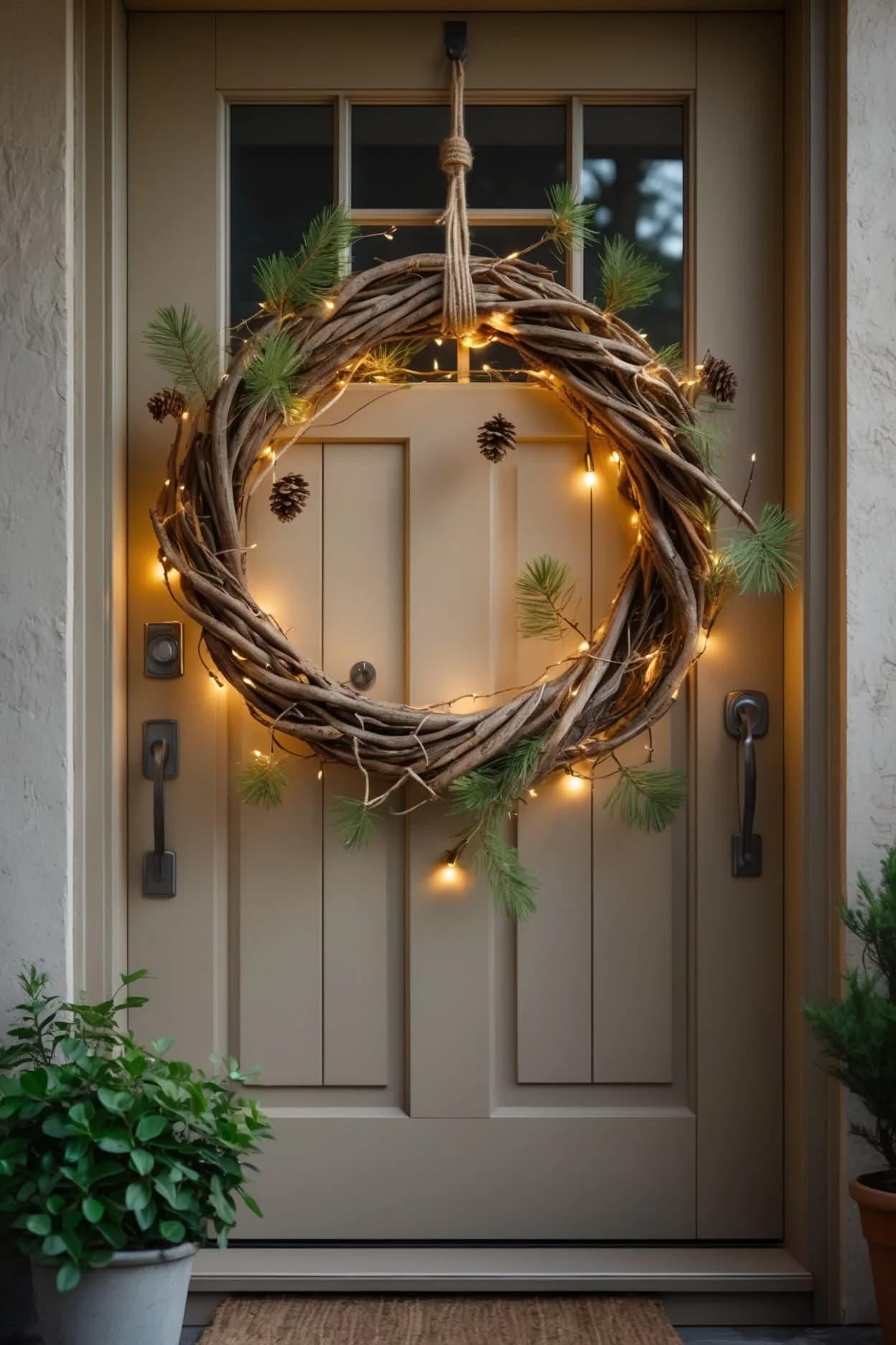 Puerta gris con una corona de ramas secas con microluces cálidas, ramitas de pino y piñas colgada de una cuerda