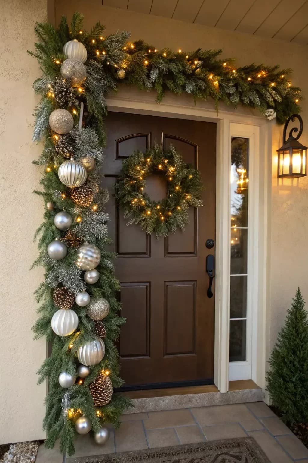 Entrada con una guirnalda gruesa con esferas plateadas y blancas y luces que baja por un lado del marco, y una corona iluminada en la puerta
