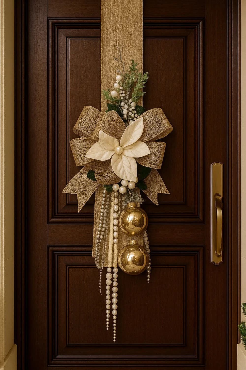 Puerta de madera oscura con un moño de yute, una flor crema, esferas doradas y tiras de perlas colgando de una banda de tela