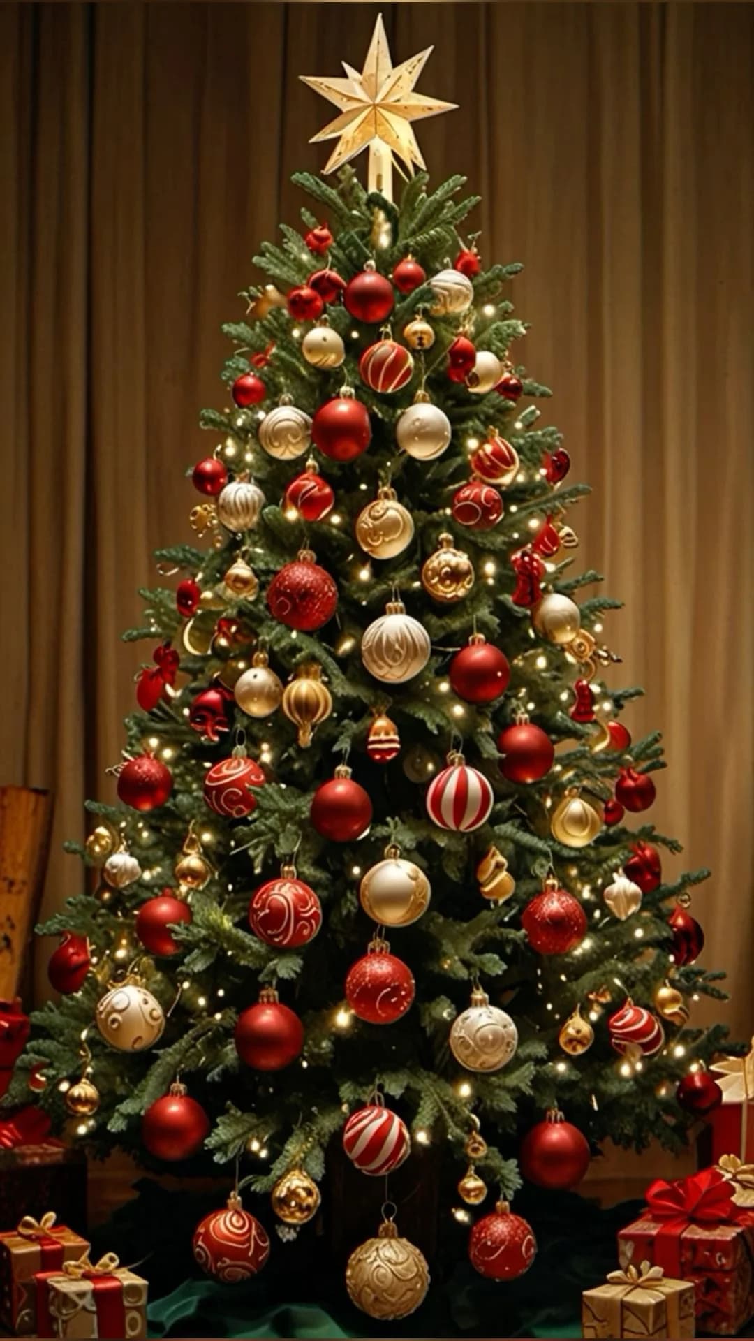 Árbol de Navidad verde con esferas rojas y doradas bien espaciadas, luces cálidas y una estrella dorada en la punta, frente a cortinas color mostaza