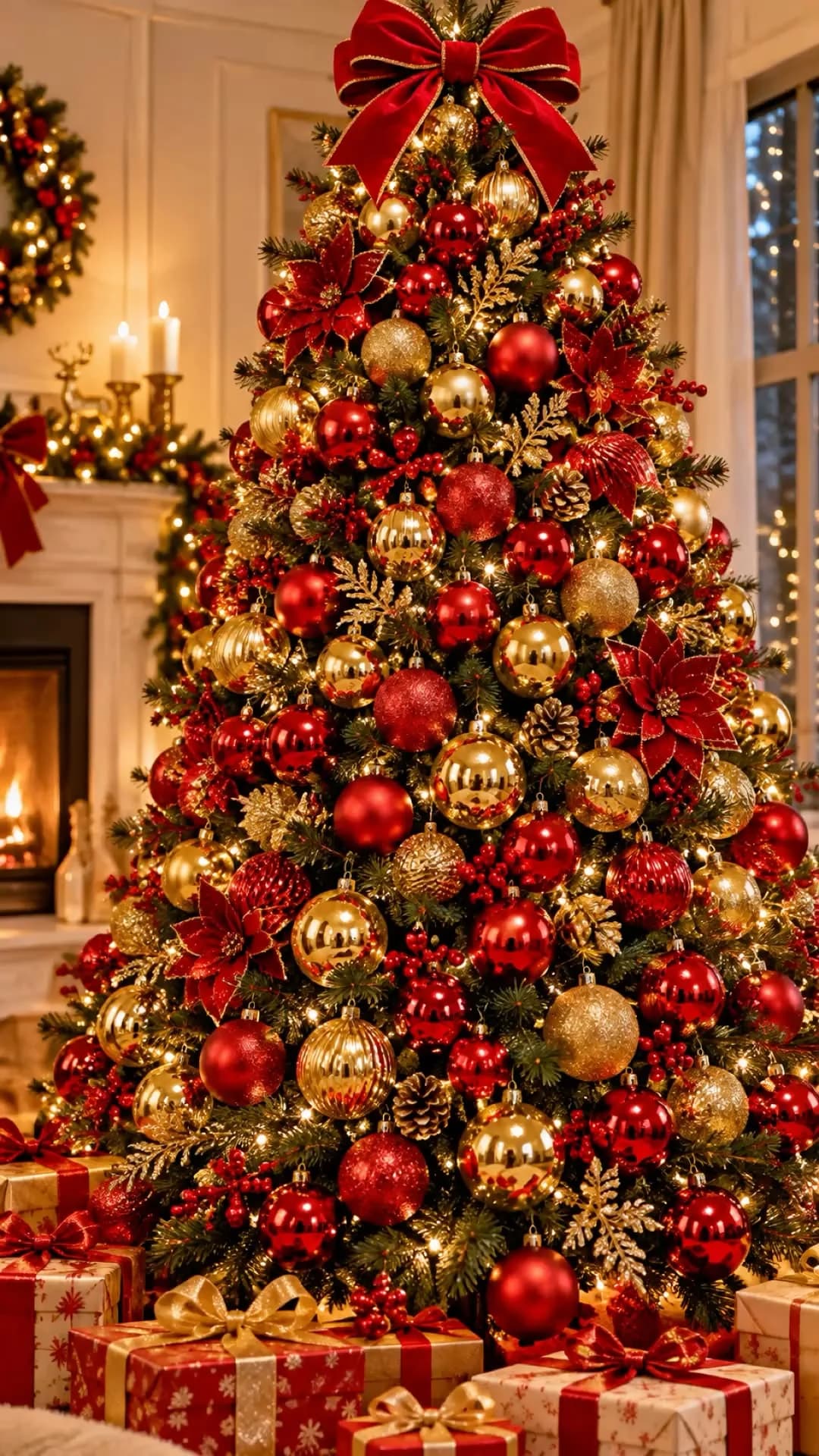 Árbol de Navidad lleno de esferas rojas y doradas de distintos tamaños con un gran moño rojo en la punta y regalos envueltos en rojo y dorado
