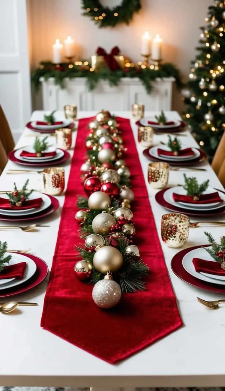 Mesa larga con mantel blanco, un camino de terciopelo rojo con esferas doradas y plateadas y ramas de pino, platos con servilletas rojas y velas