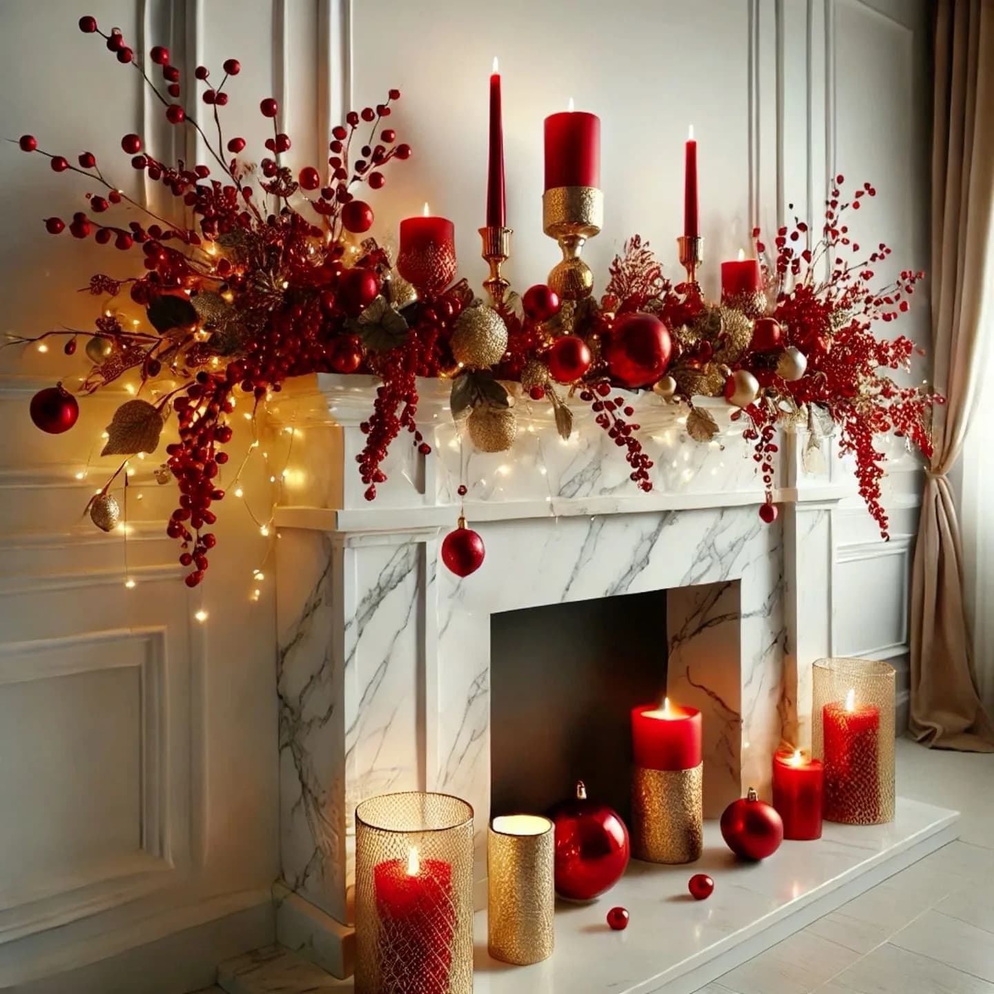 Chimenea de mármol blanco con ramas de frutos rojos, velas rojas en candelabros dorados, esferas rojas y doradas y luces pequeñas
