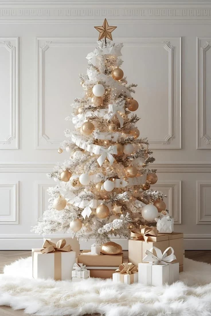 Árbol de Navidad blanco con esferas doradas y color durazno y una estrella dorada, con regalos blancos y dorados sobre un tapete blanco frente a una pared blanca con molduras