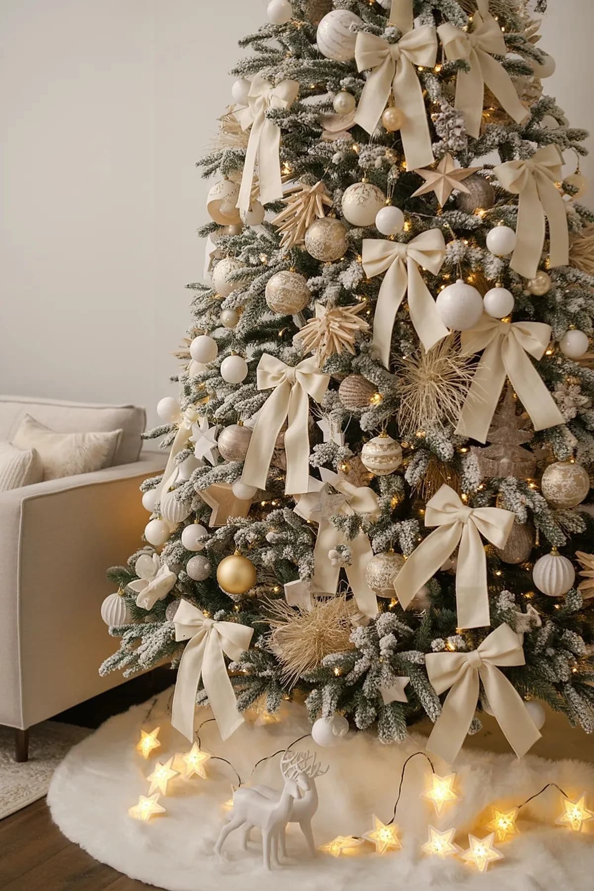 Árbol de Navidad verde con escarcha decorado con moños de listón crema, esferas blancas y doradas y estrellas de paja, sobre un pie blanco con una serie de luces en forma de estrella