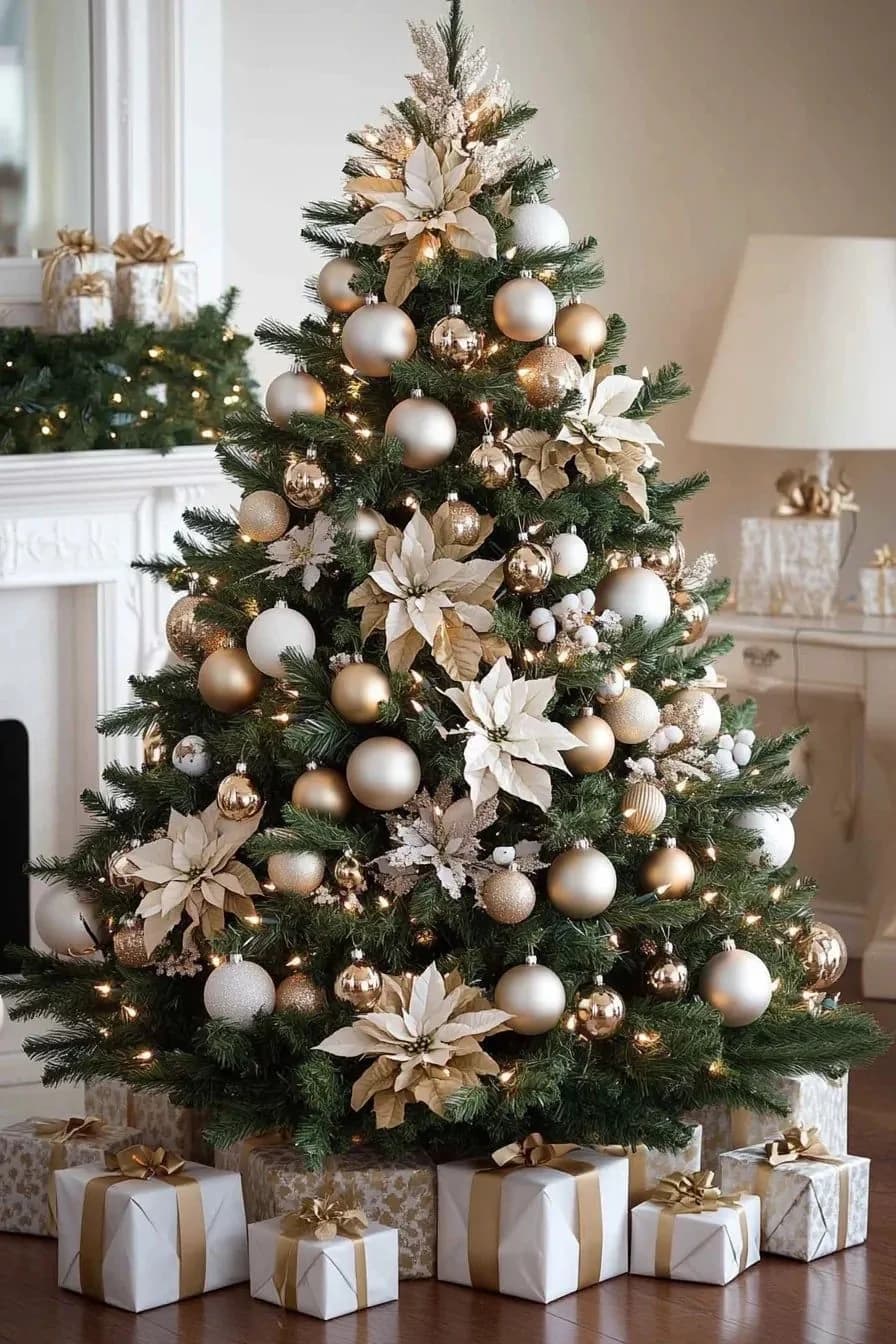 Árbol de Navidad verde con esferas doradas y champaña y flores de nochebuena color crema, con regalos blancos de listón dorado, junto a una chimenea blanca