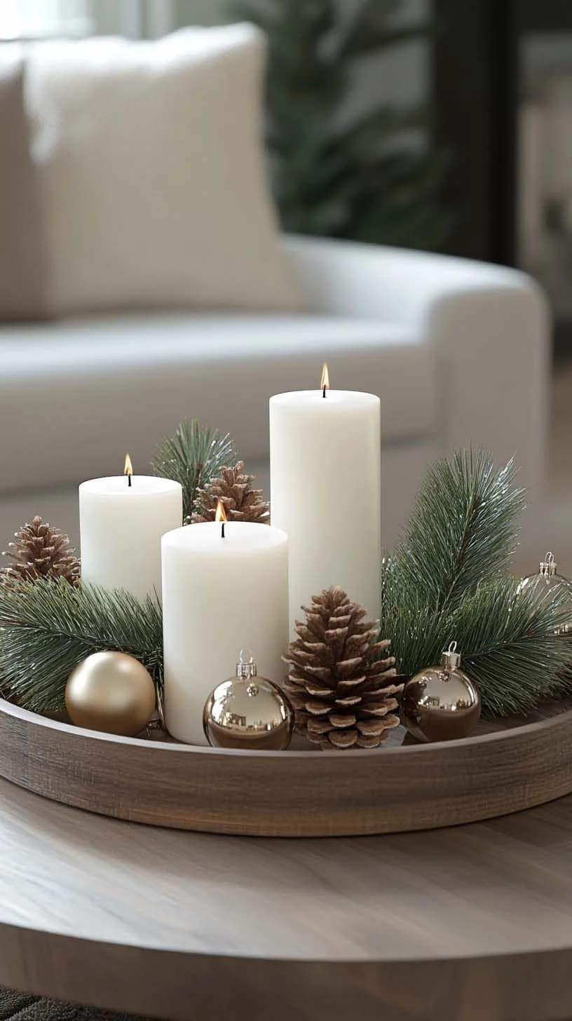 Charola redonda de madera sobre una mesa de centro con tres velas blancas de distinta altura, ramas de pino, piñas y esferas doradas, con un sofá blanco al fondo