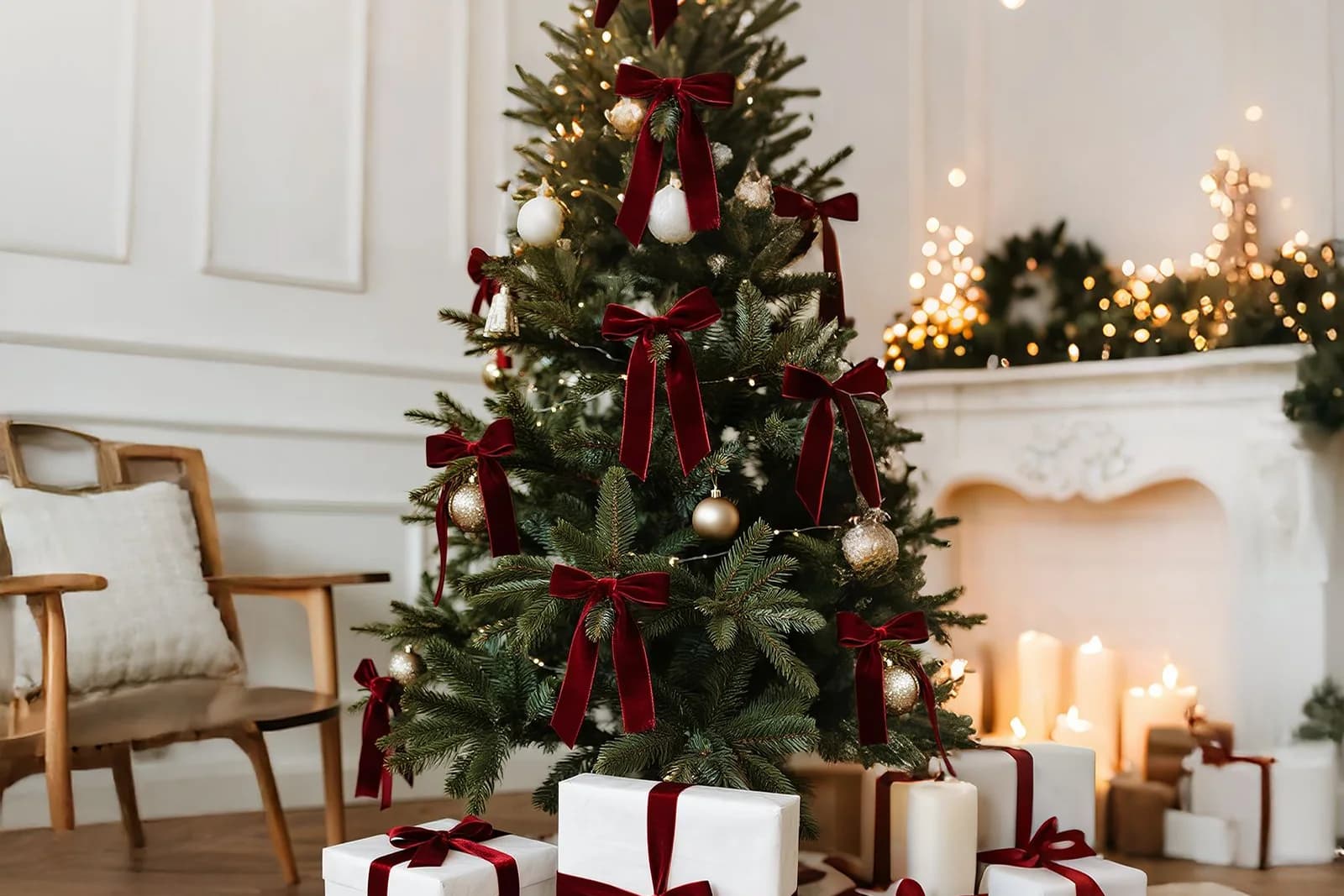 Sala blanca con un árbol de Navidad verde decorado solo con moños de terciopelo vino y esferas doradas, regalos blancos con listón vino y una chimenea blanca con velas