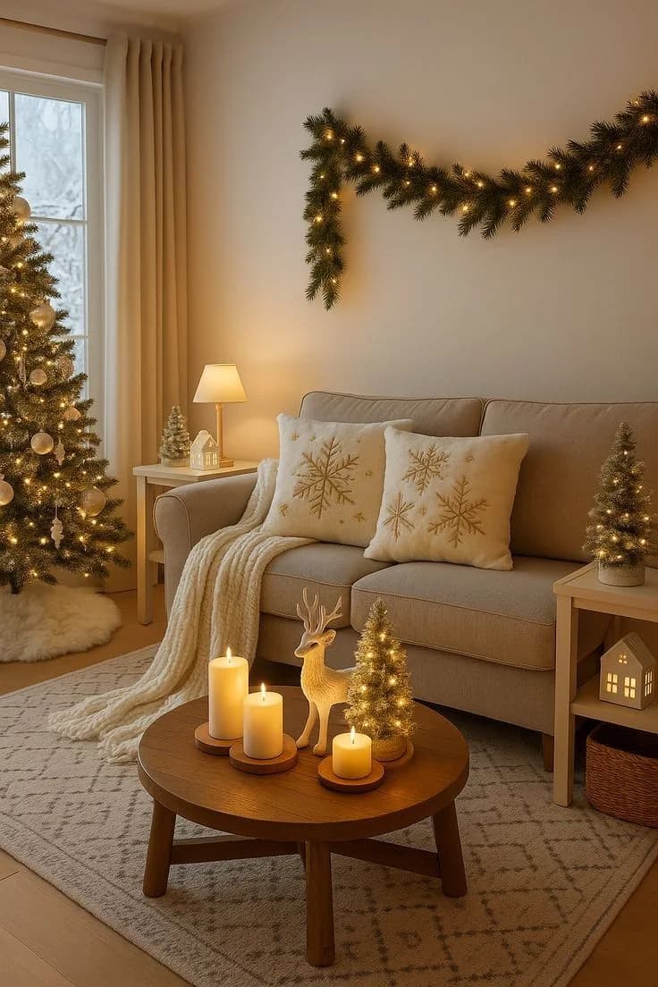 Sala en tonos beige con una guirnalda verde con luces colgada en la pared, un sofá con cojines crema bordados con copos, una mesa de centro redonda con velas y un reno, y un árbol con luces junto a la ventana