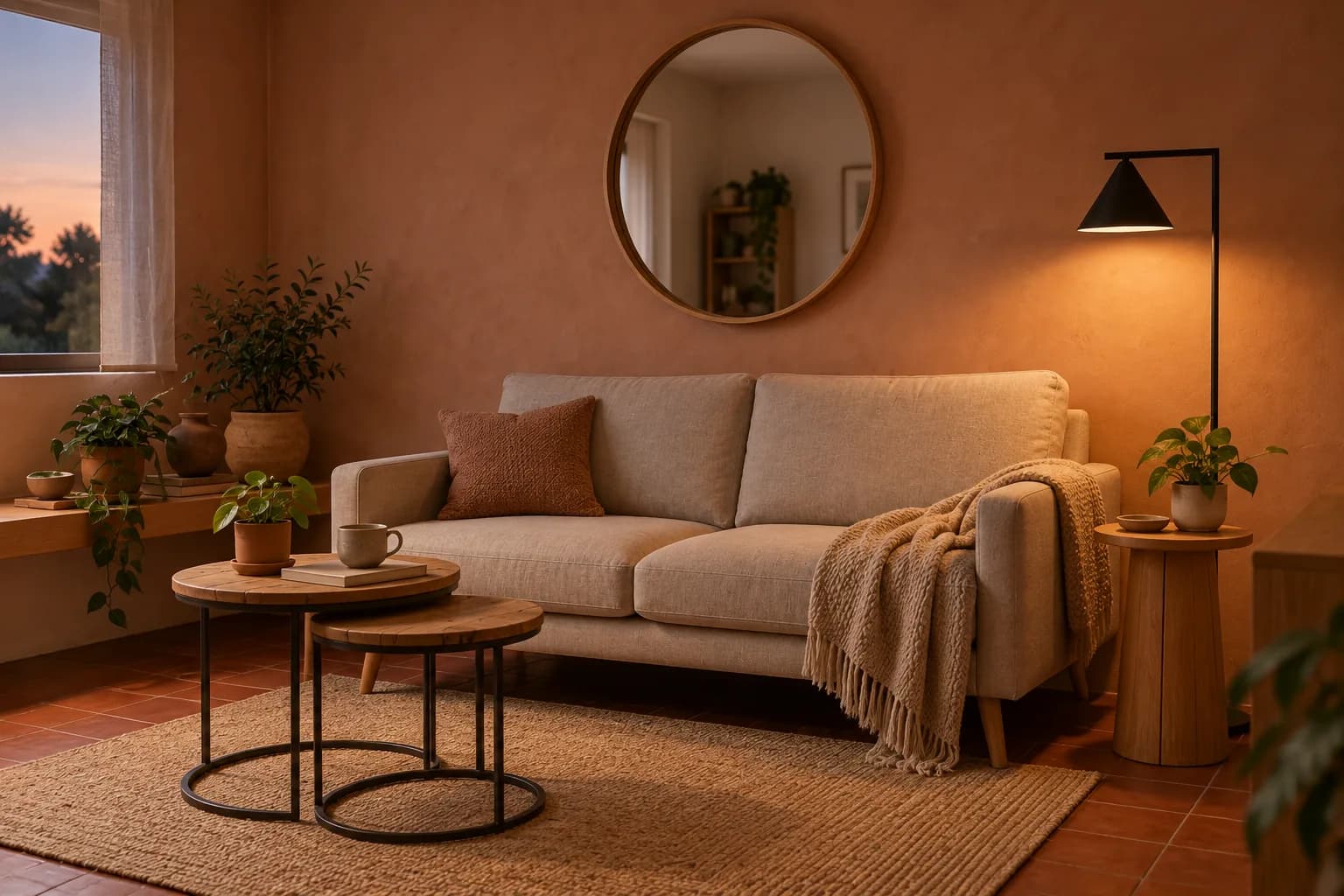 Rincón de sala al atardecer con una lámpara de piso junto al sofá y mesas auxiliares