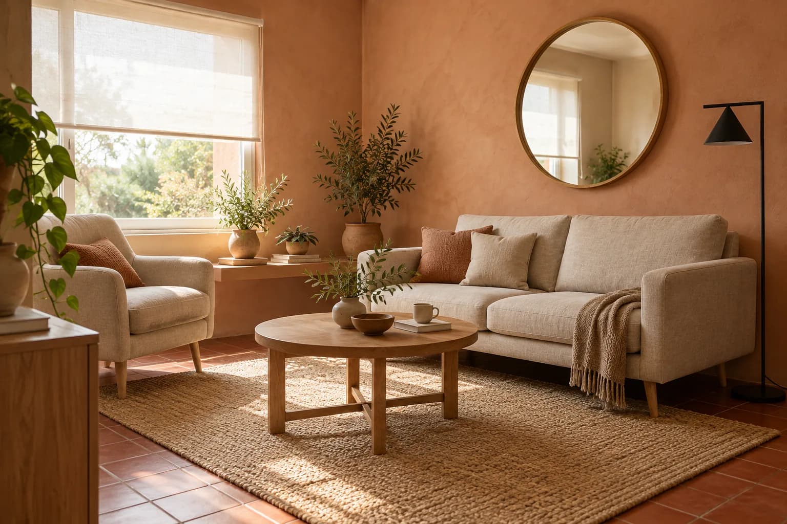 Sala pequeña con sofá de dos plazas sobre un tapete grande y mesa de centro redonda