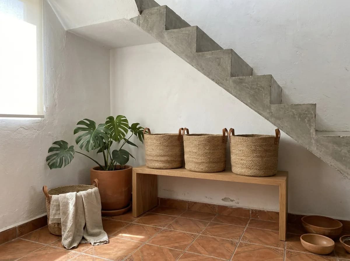 Hueco bajo la escalera con canastas tejidas y una repisa ordenada