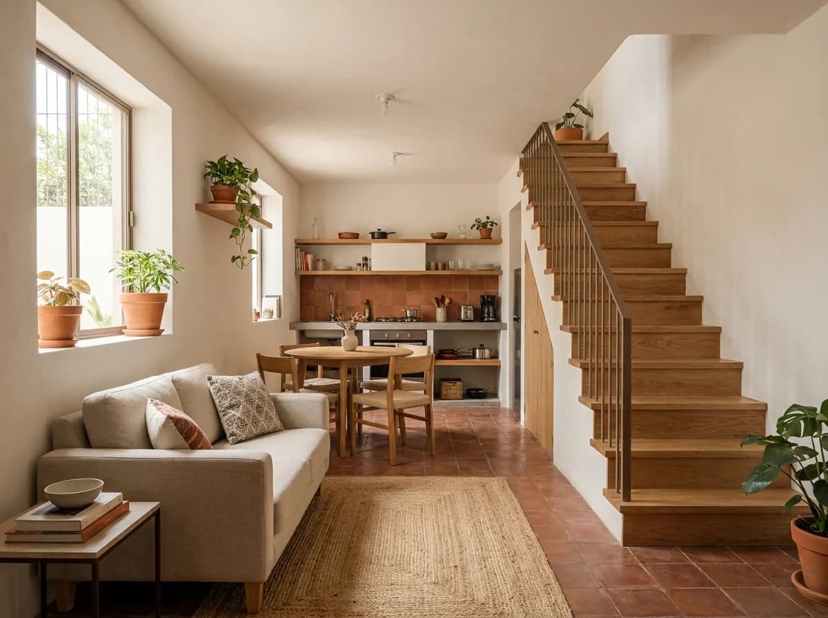 Interior de una casa de interés social decorada con sala clara, comedor pequeño y plantas