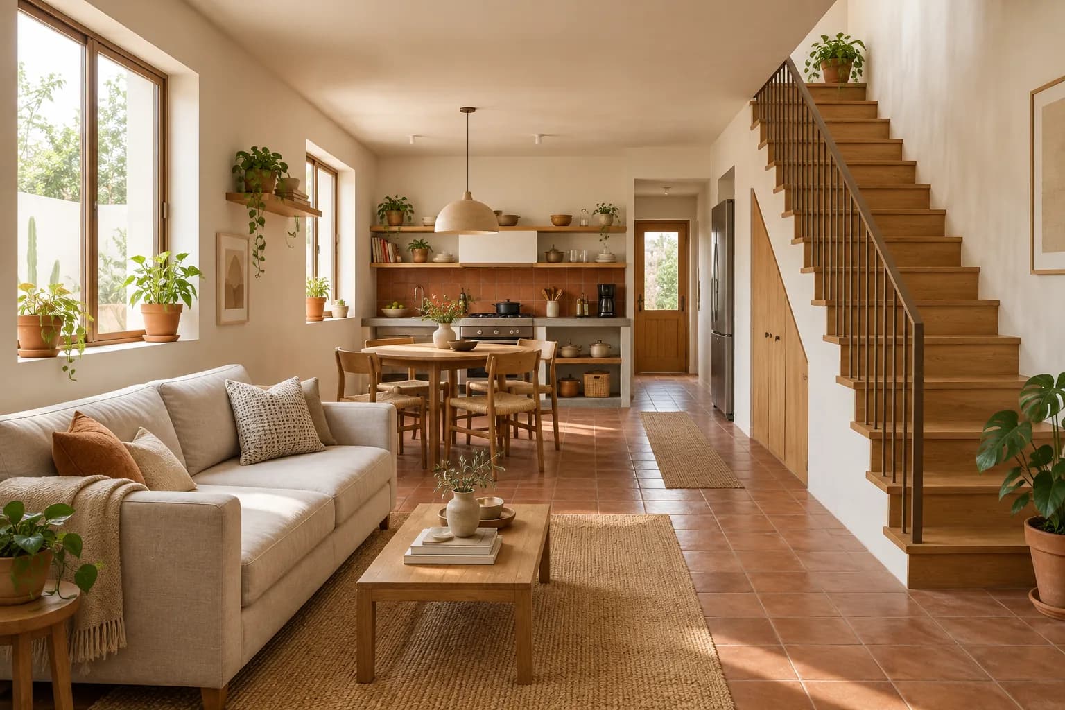 Planta baja de una casa pequeña con sala, comedor redondo y cocina integrados