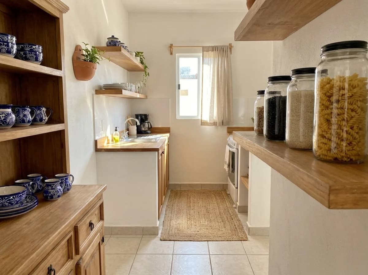 Cocina pequeña con frascos de vidrio iguales sobre la barra y repisas de madera