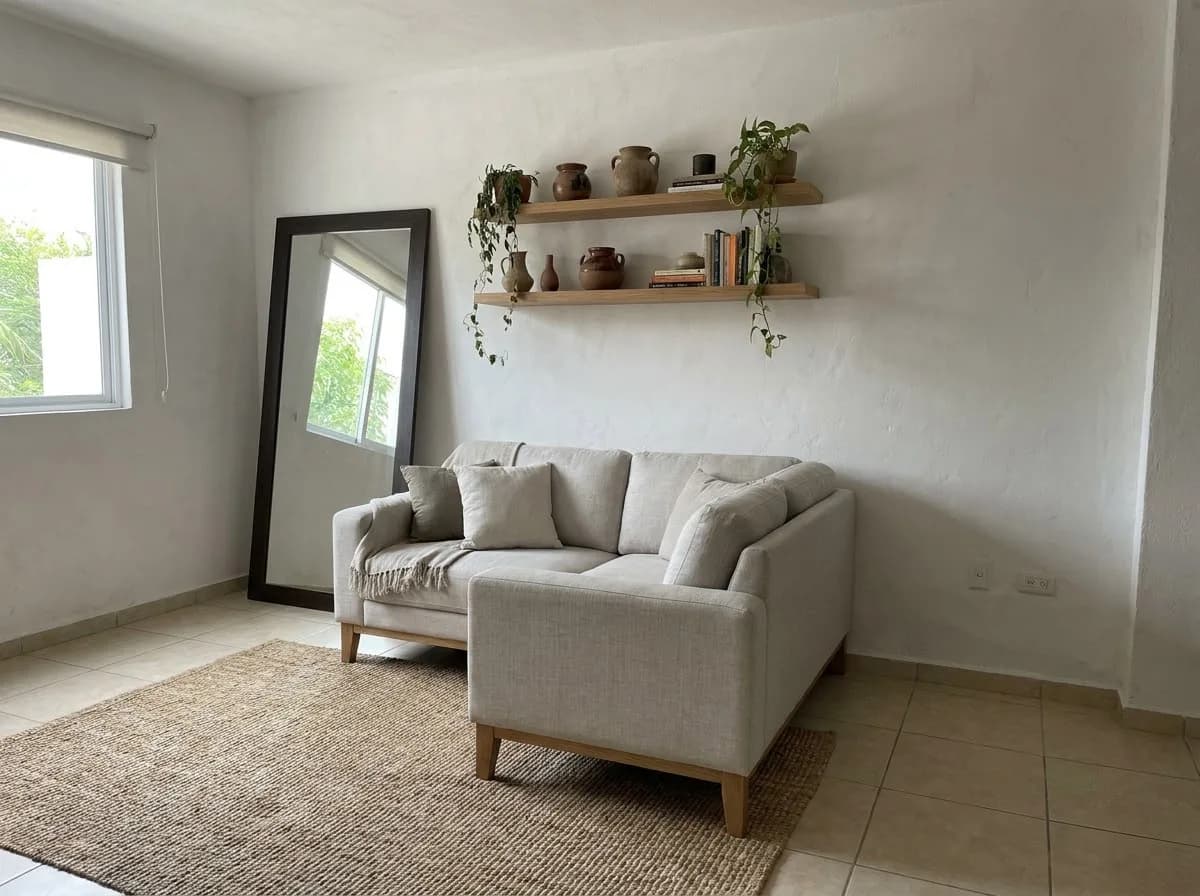 Sala de una casa pequeña con sofá claro, espejo grande, repisas y plantas
