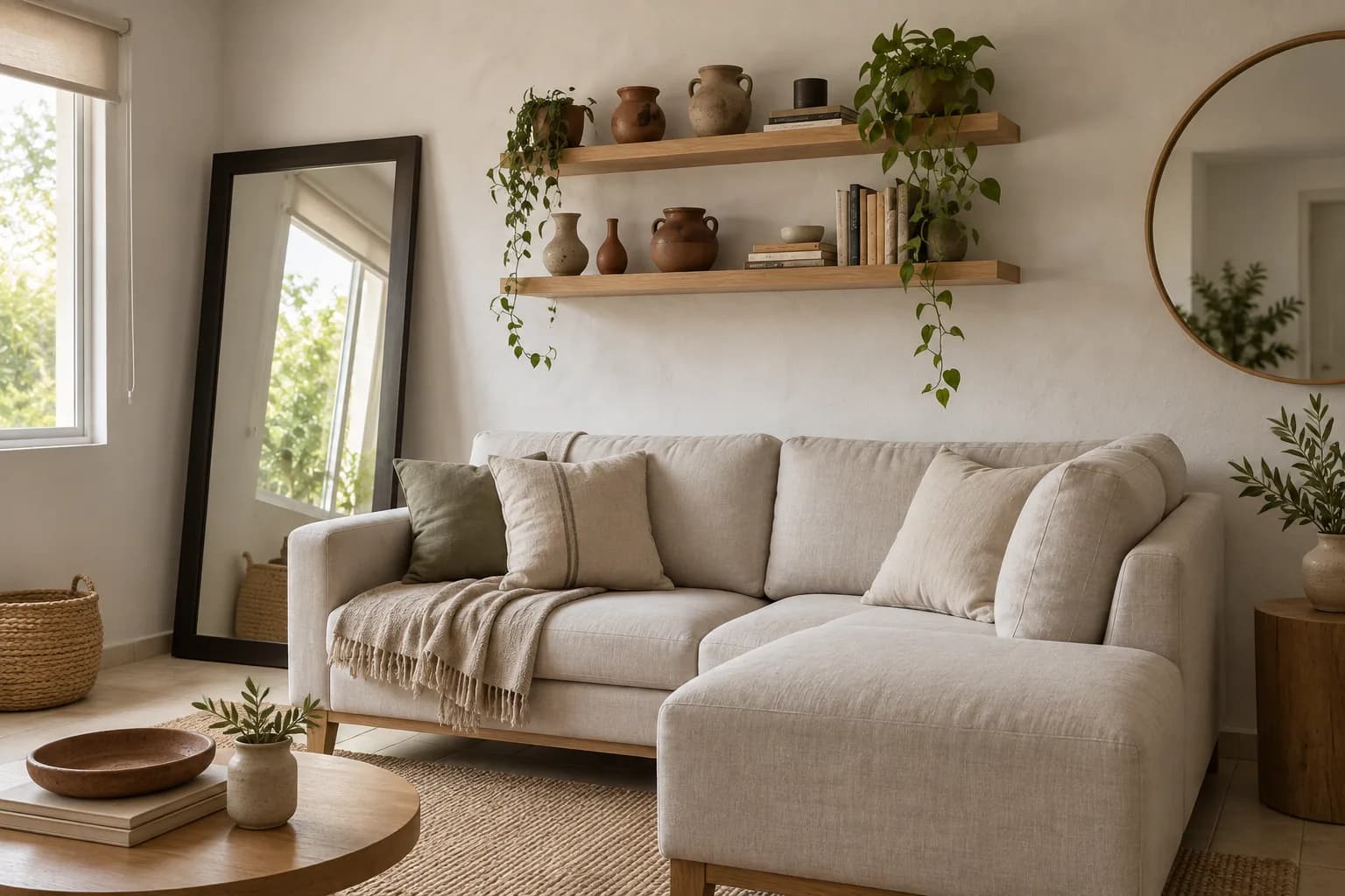 Sala pequeña con repisas de madera, espejo redondo y un sofá claro