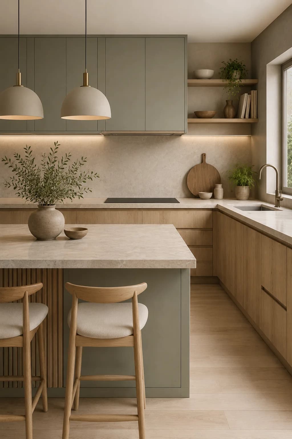 Cocina con alacenas verde salvia, isla de piedra clara con bancos de madera, dos lámparas colgantes blancas y repisas abiertas con pocos objetos