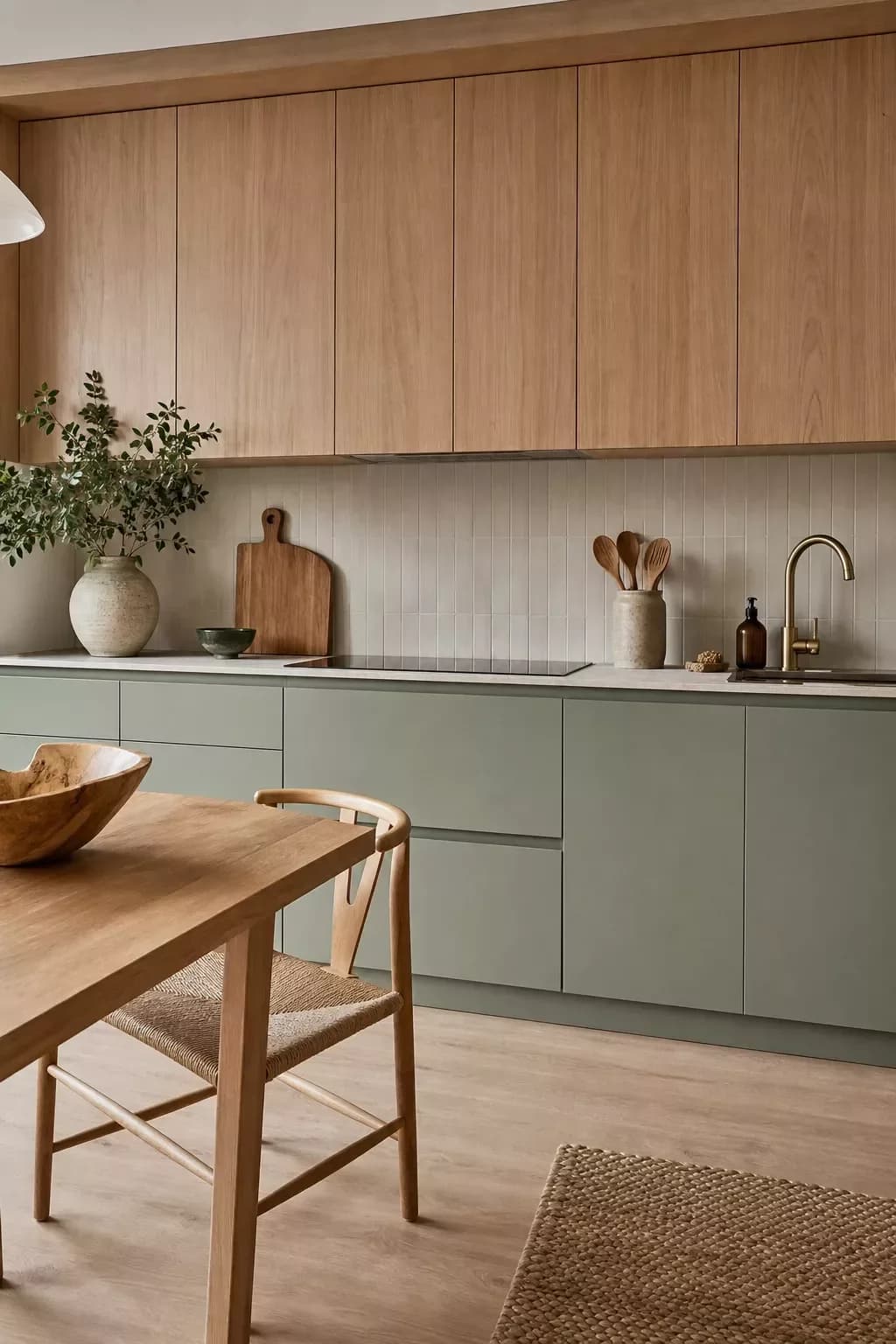 Cocina minimalista cálida con alacenas de madera lisas hasta el techo, gabinetes inferiores verde salvia, cubierta clara, tabla de picar, un jarrón con ramas y una mesa de madera