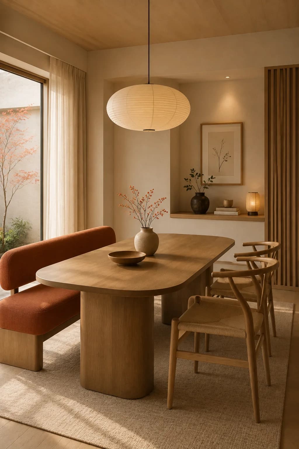 Comedor con mesa de madera ovalada, una banca tapizada color óxido, sillas de madera, lámpara de papel, un nicho con jarrones y cortinas de lino