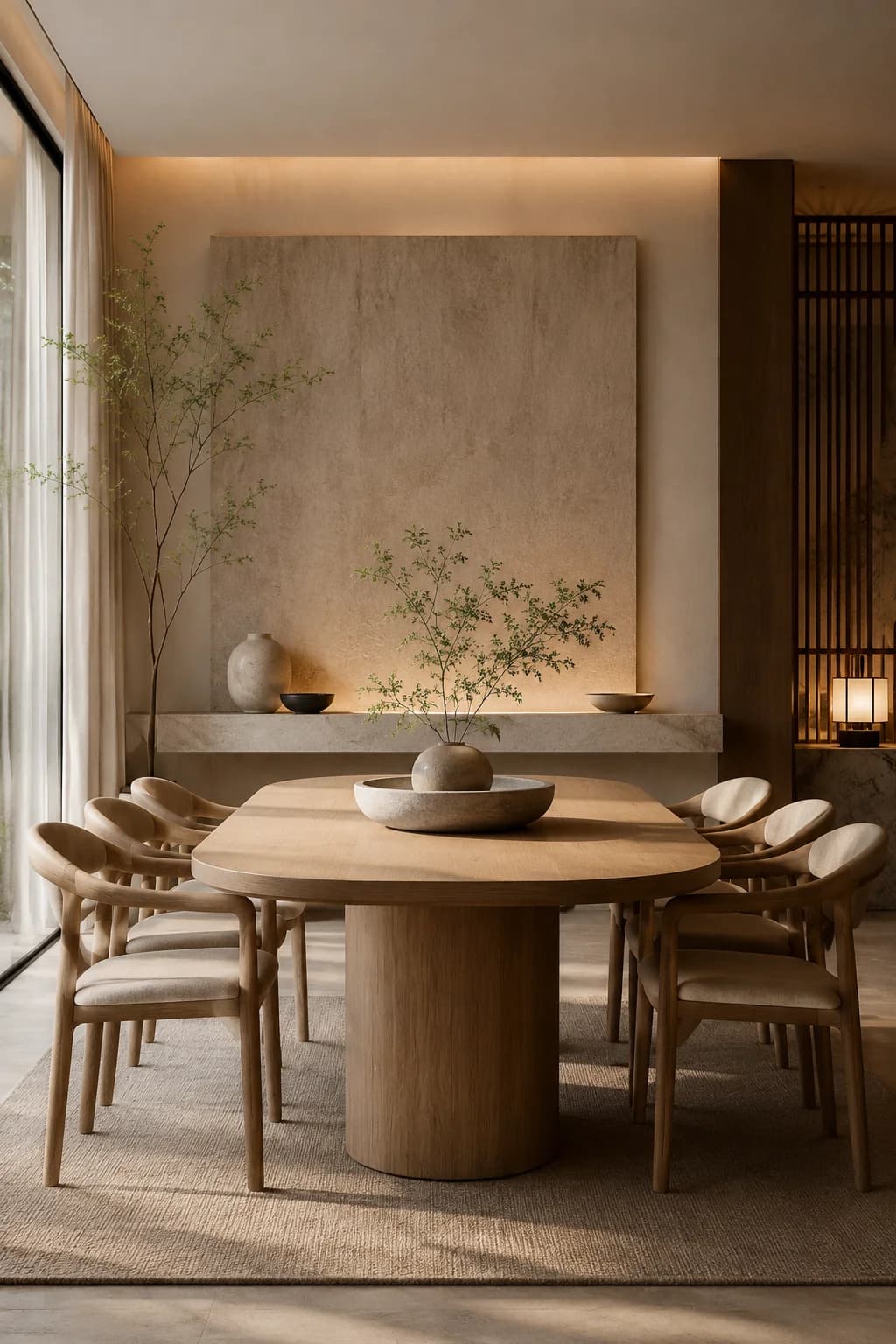 Comedor minimalista cálido con mesa de madera de bordes redondeados sobre pedestal, sillas de madera, un tazón de barro con ramas, pared de textura y luz cálida