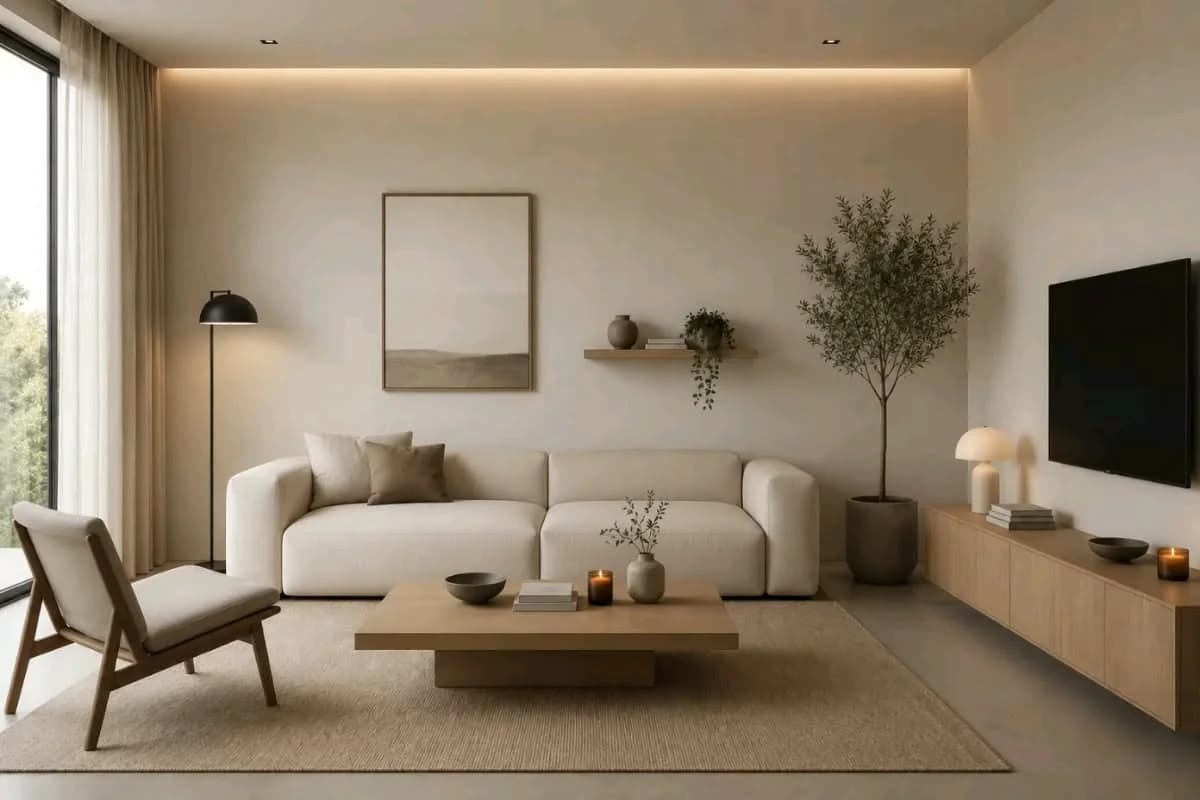Sala minimalista cálida con paredes crema, sofá blanco modular, mesa de centro de madera, un olivo en maceta, sillón de madera, lámpara de pie negra y luz cálida en el techo
