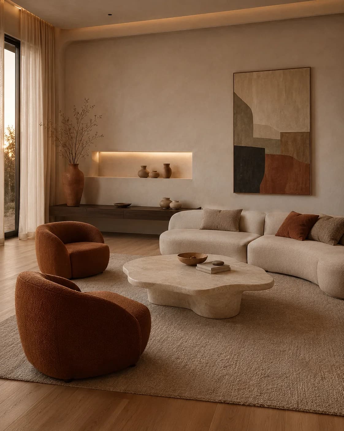 Sala minimalista cálida con sofá curvo crema, dos sillones redondos color óxido, mesa de centro orgánica de piedra, un nicho iluminado con jarrones de barro y un cuadro abstracto