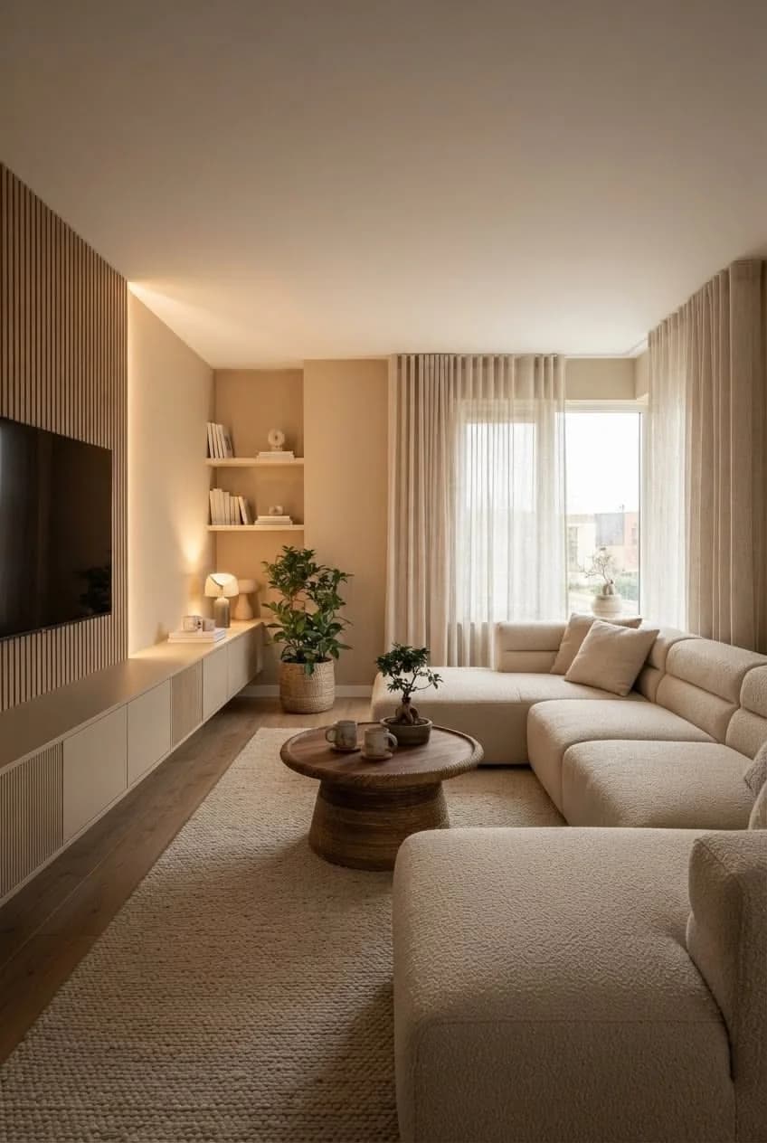 Sala con lambrín de madera iluminado, mueble flotante blanco, sofá modular beige en L, mesa redonda de madera y repisas con luz al fondo